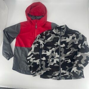 Kids Eddie Bauer 3-in-1 Wind Breaker Fleece Jacket w/ Hood M 10/12 Red/Grey Camo